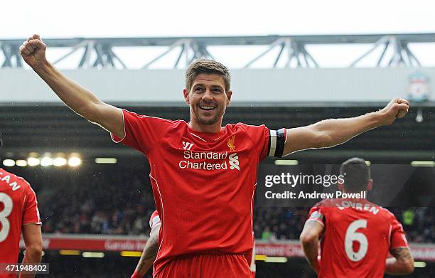 Steven Gerrard of Liverpool celebrates his winning goal during the Barclays Premier League match between Liverpool and Queens Park Rangers at Anfield...