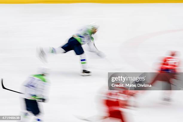 Player of Slovenia shots during the IIHF World Championship group B match between Belarus and Slovenia at CEZ Arena on May 2, 2015 in Ostrava, Czech...