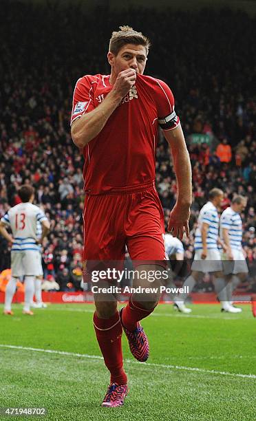 Steven Gerrard of Liverpool celebrates his winning goal during the Barclays Premier League match between Liverpool and Queens Park Rangers at Anfield...