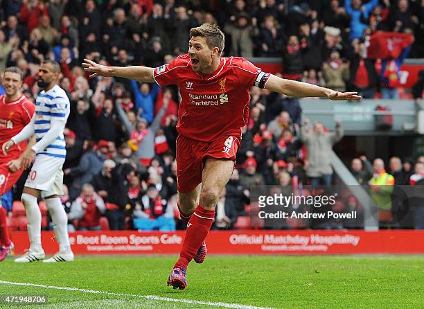 Steven Gerrard of Liverpool celebrates his winning goal during the Barclays Premier League match between Liverpool and Queens Park Rangers at Anfield...