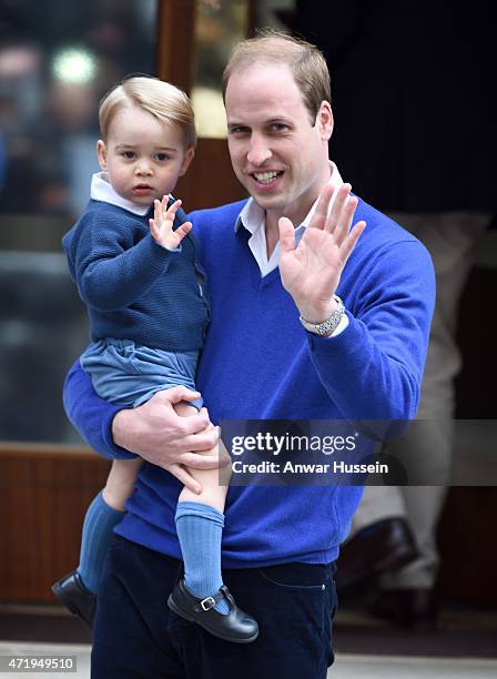 Prince William, Duke of Cambridge, and Prince George arrive at the Lindo Wing at St. Mary's Hospital on May 02, 2015 in London, England. The Duchess...