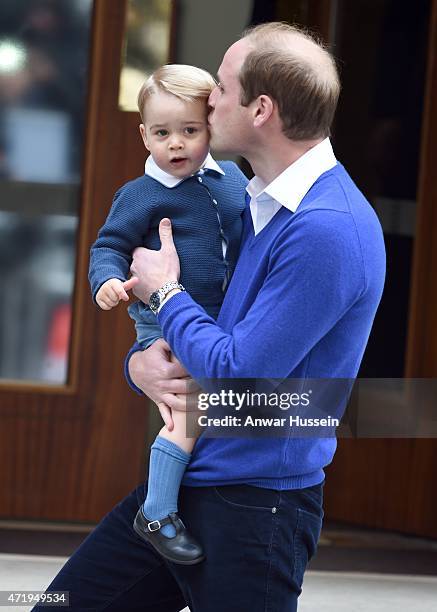 Prince William, Duke of Cambridge, and Prince George arrive at the Lindo Wing at St. Mary's Hospital on May 02, 2015 in London, England. The Duchess...