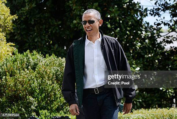 President Barack Obama walks towards Marine One on the South Lawn of the White House prior to his departure May 2, 2015 in Washington, DC. The...