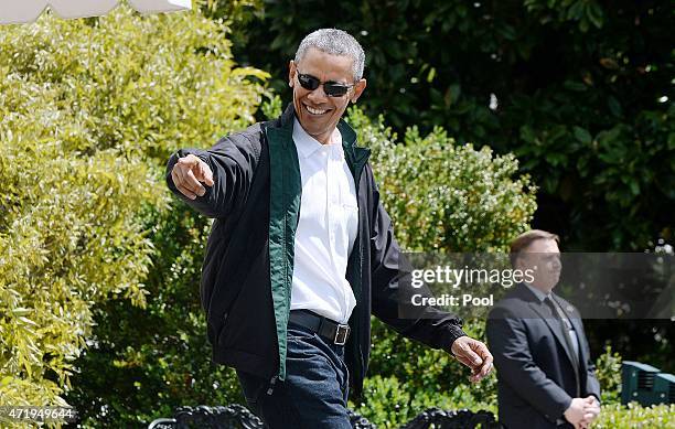 President Barack Obama walks towards Marine One on the South Lawn of the White House prior to his departure May 2, 2015 in Washington, DC. The...