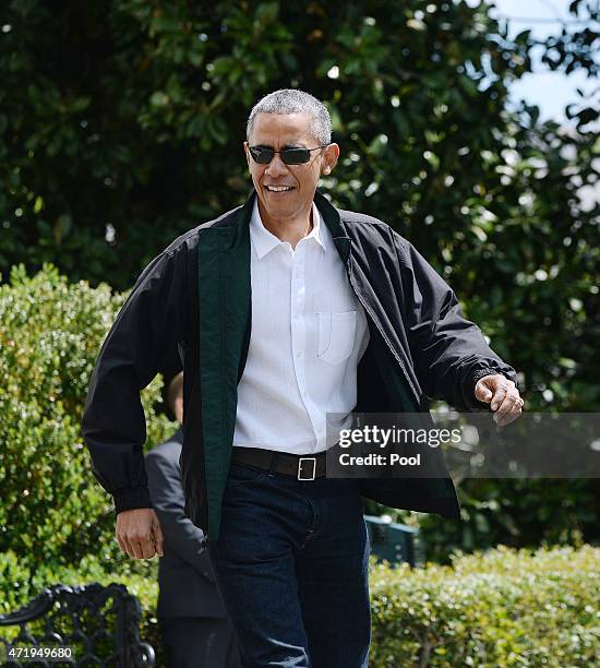 President Barack Obama walks towards Marine One on the South Lawn of the White House prior to his departure May 2, 2015 in Washington, DC. The...