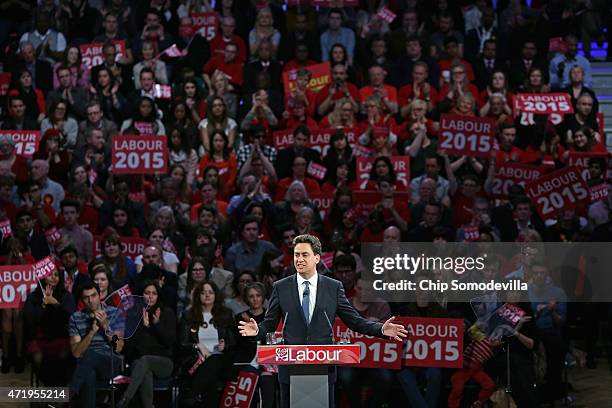 With five days to go before the UK general elections, Labour leader Ed Miliband delivers a speech during a campaign rally at the Royal Horticultural...