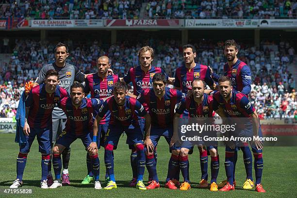 Barcelona FC line up prior to start the La Liga match between Cordoba CF and Barcelona FC at El Arcangel stadium on May 2, 2015 in Cordoba, Spain.