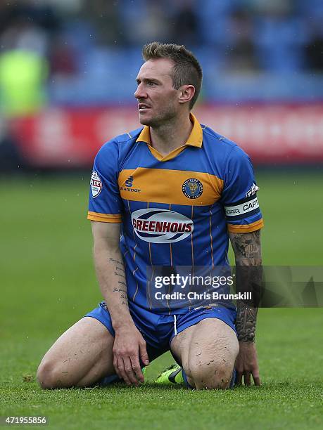 Liam Lawrence of Shrewsbury Town reacts during the Sky Bet League Two match between Shrewsbury Town and Plymouth Argyle at Greenhous Meadow on May...