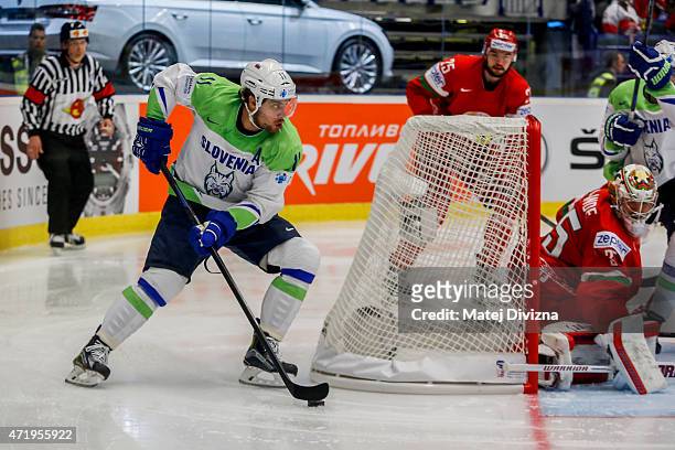 Anze Kopitar of Slovenia in action during the IIHF World Championship group B match between Belarus and Slovenia at CEZ Arena on May 2, 2015 in...