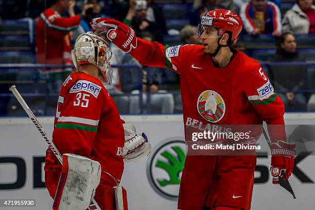 Kevin Lalande and Nikolai Stasenko of Belarus celebrate after the IIHF World Championship group B match between Belarus and Slovenia at CEZ Arena on...