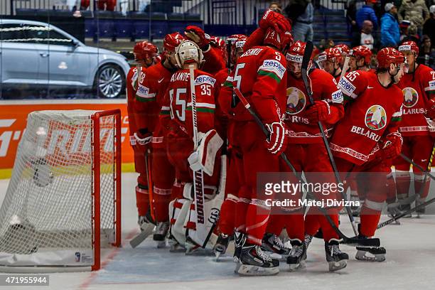 Players of Belarus celebrate after the IIHF World Championship group B match between Belarus and Slovenia at CEZ Arena on May 2, 2015 in Ostrava,...