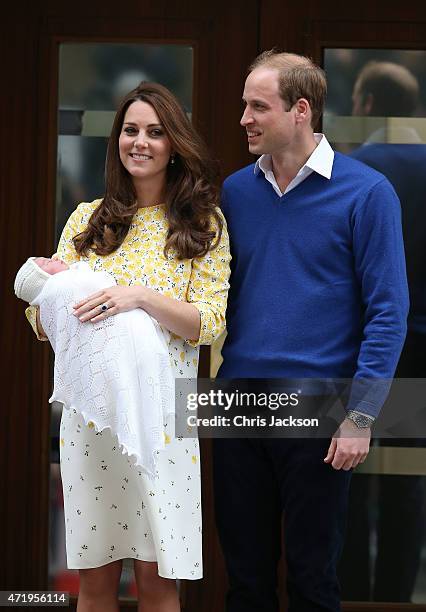 Catherine, Duchess of Cambridge and Prince William, Duke of Cambridge depart the Lindo Wing with their newborn daughter at St Mary's Hospital on May...