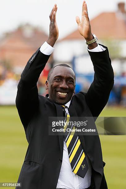 Burton Albion manager Jimmy Floyd Hasselbaink celebrates the League title after winning the Sky Bet League Two match between Cambridge United and...