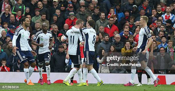 Chris Brunt of West Bromwich Albion celebrates scoring their first goal during the Barclays Premier League match between Manchester United and West...