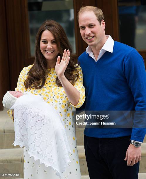 Prince William, Duke of Cambridge and Catherine, Duchess of Cambridge depart the Lindo Wing with their new baby at St Mary's Hospital on May 2, 2015...