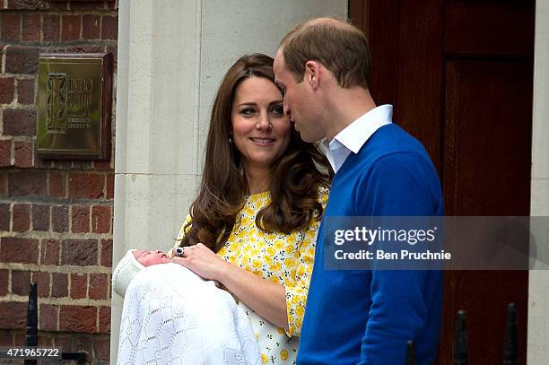 Catherine, Duchess of Cambridge and Prince William, Duke of Cambridge depart the Lindo Wing with their newborn daughter at St Mary's Hospital on May...