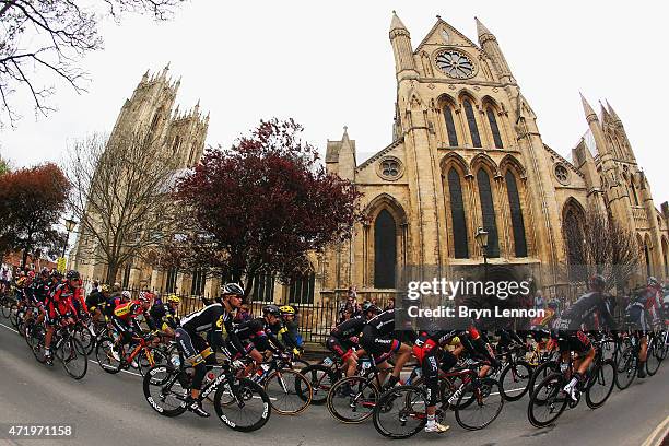 The peloton ride past Beverley Cathedral on stage 2 of the Tour de Yorkshire from Selby to York on May 2, 2015 in Beverley, England.