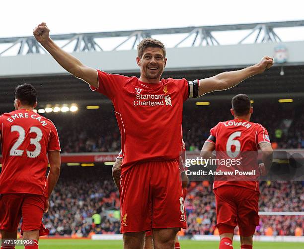 Steven Gerrard of Liverpool celebrates his winning goal during the Barclays Premier League match between Liverpool and Queens Park Rangers at Anfield...