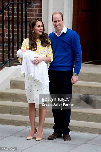 The Duke And Duchess of Cambridge leave the Lindo Wing, of St Marys Hospital, Paddington, with their new baby daughter, on May 2, 2015 in London,...