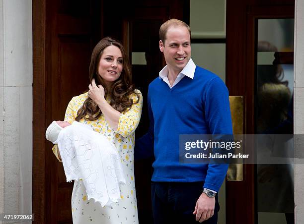 The Duke And Duchess of Cambridge leave the Lindo Wing, of St Marys Hospital, Paddington, with their new baby daughter, on May 2, 2015 in London,...