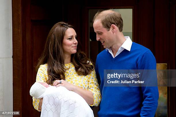 The Duke And Duchess of Cambridge leave the Lindo Wing, of St Marys Hospital, Paddington, with their new baby daughter, on May 2, 2015 in London,...