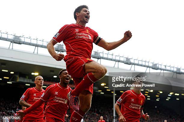 Steven Gerrard of Liverpool celebrates his winning goal during the Barclays Premier League match between Liverpool and Queens Park Rangers at Anfield...