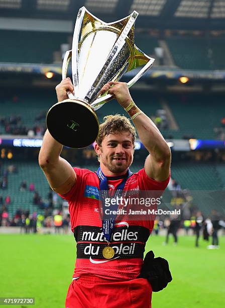 Leigh Halfpenny of Toulon celebrates with the trophy during the European Rugby Champions Cup Final match between ASM Clermont Auvergne and RC Toulon...