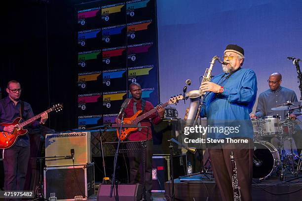 Liberty Ellman, Michael Olatuja, Joe Lovano and Otis Brown III perform on stage at the Cheltenham Jazz Festival on May 2, 2015 in Cheltenham, United...