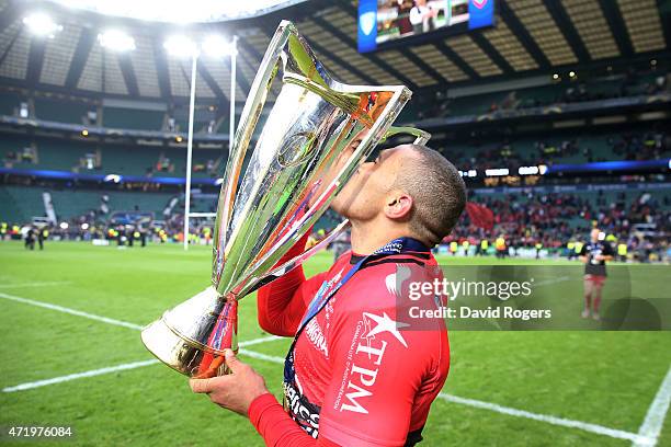 Bryan Habana of Toulon celebrates with the trophy following his team's victory during the European Rugby Champions Cup Final match between ASM...