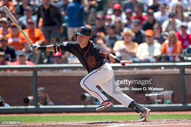 Nori Aoki of the San Francisco Giants at bat against the Los Angeles Angels of Anaheim during the first inning at AT&T Park on May 2, 2015 in San...