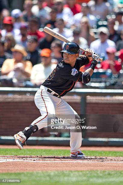 Nori Aoki of the San Francisco Giants at bat against the Los Angeles Angels of Anaheim during the first inning at AT&T Park on May 2, 2015 in San...