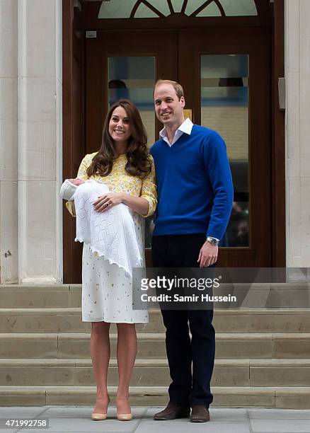 Prince William, Duke of Cambridge and Catherine, Duchess of Cambridge depart the Lindo Wing with their newborn baby daughter at St Mary's Hospital on...