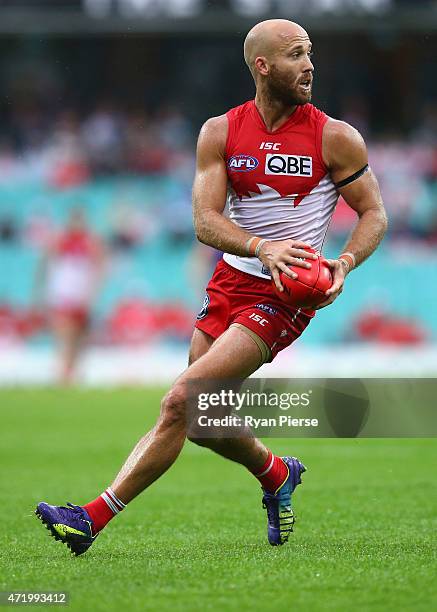 Jarrad McVeigh of the Swans looks upfield during the round five AFL match between the Sydney Swans and the Western Bulldogs at SCG on May 2, 2015 in...