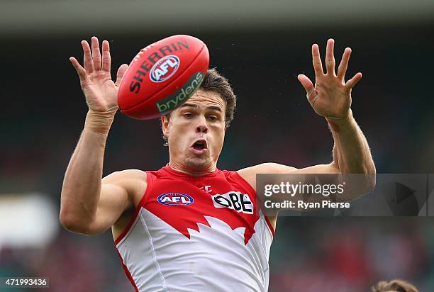 Mike Pyke of the Swans rucks during the round five AFL match between the Sydney Swans and the Western Bulldogs at SCG on May 2, 2015 in Sydney,...