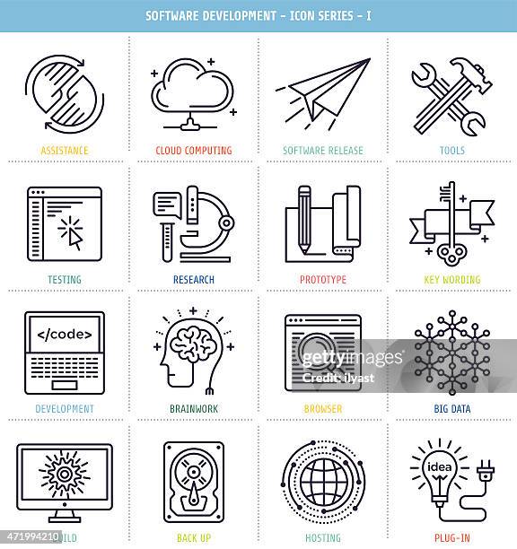 set of 25 icons for software development - brain sketch stock illustrations