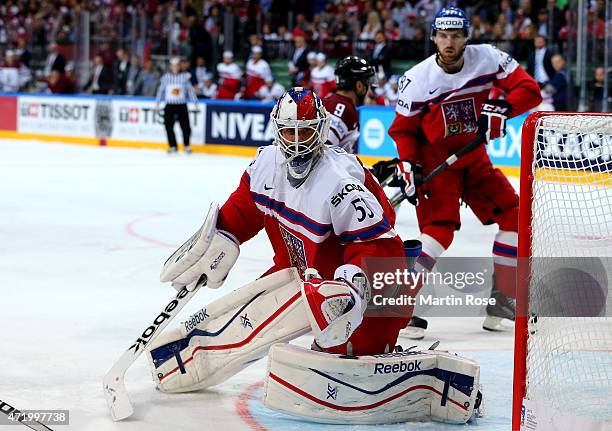 Alexander Salak, goaltender of Czech Republic makes a save during the IIHF World Championship group A match between Latvia and Czech Republic at o2...