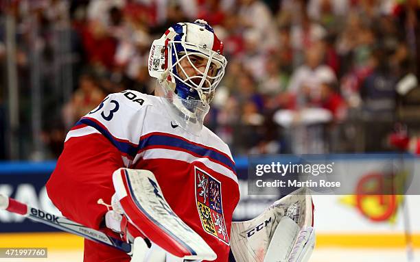 Alexander Salak, goaltender of Czech Republic looks on during the IIHF World Championship group A match between Latvia and Czech Republic at o2...