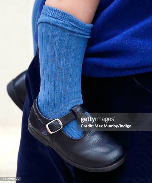 Prince George of Cambridge, shoe detail, arrives at the Lindo Wing after Catherine, Duchess of Cambridge gave birth to a baby girl at St Mary's...