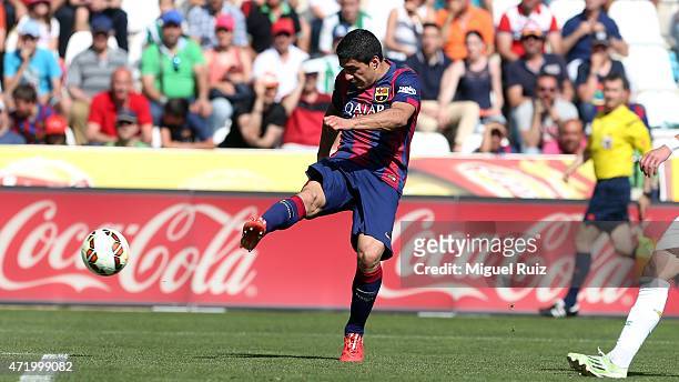 Luis Suarez of FC Barcelona kicks the ball during the La Liga match between Cordoba CF and FC Barcelona at Nuevo Arcange on May 2, 2015 in Cordoba,...