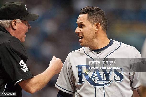 Asdrubal Cabrera of the Tampa Bay Rays argues with home plate umpire Tim Welke after striking out in the sixth inning against the Baltimore Orioles...