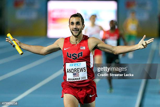 Robby Andrews of the United States celebrates after winning the final of the mens 4 x 800 metres on day one of the IAAF World Relays at Thomas...