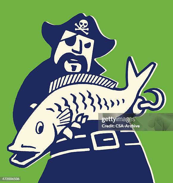 pirate holding fish - seafood stock illustrations