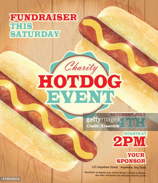 charity hotdog fundraiser poster template on wooden background - double hotdog stock illustrations