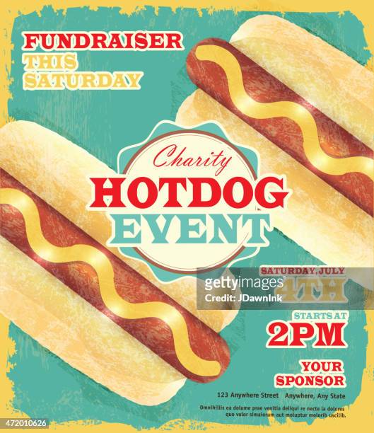 illustrazioni stock, clip art, cartoni animati e icone di tendenza di design modello di raccolta fondi di beneficenza hot-dog su sfondo di retro revival - tovaglia