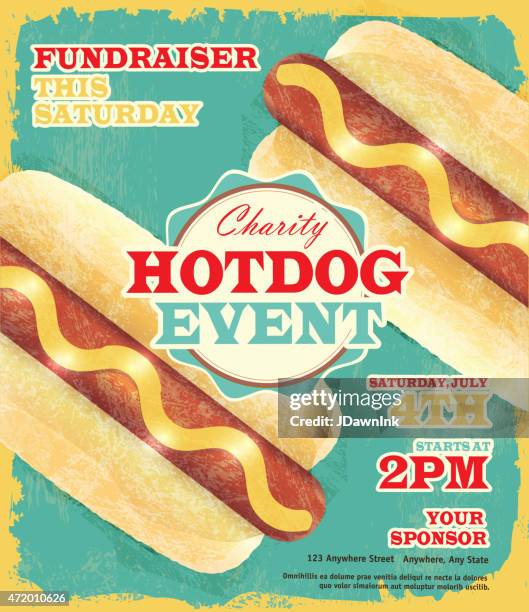 charity hotdog fundraiser design template on retro revival background - double hotdog stock illustrations