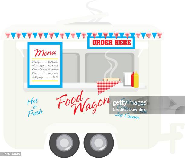 happy and cute food wagon trailer on white background - foodie stock illustrations