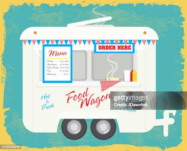 happy and cute food wagon trailer on a retro texture - foodie stock illustrations
