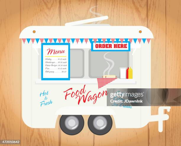 happy and cute food wagon trailer on wooden background - foodie stock illustrations