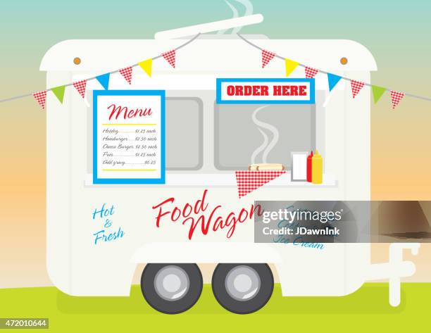 happy and cute food wagon trailer with bunting - foodie stock illustrations