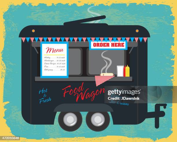 black colored food wagon trailer on retro background - foodie stock illustrations